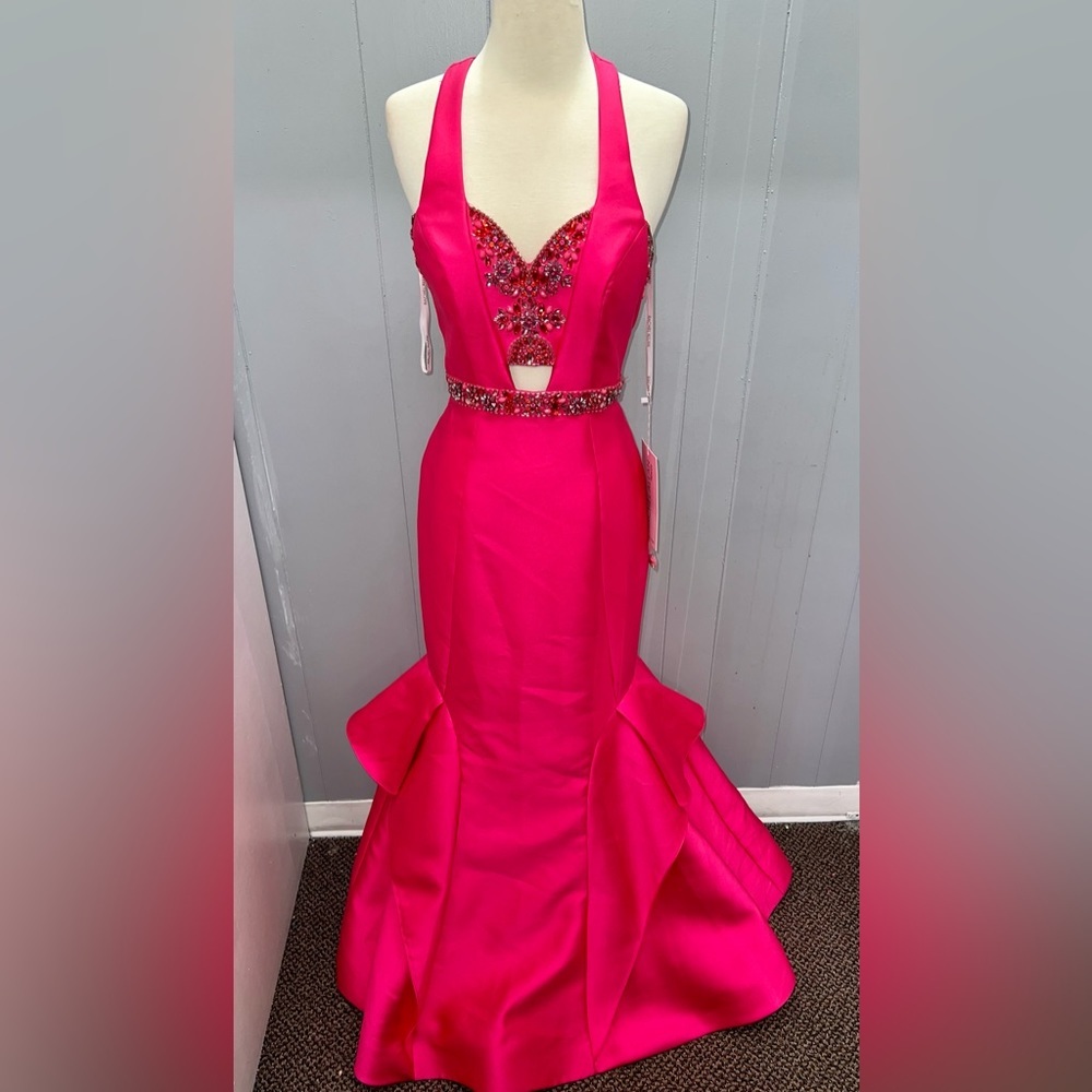 Rachel Allan Hot Pink Beaded Halter Mermaid Prom Dress